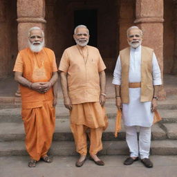 Indian Prime Minister Narendra Modi and Lord Rama, Hindu deity, together in the sacred city of Ayodhya, India. Both are depicted in respectful, dignified poses.