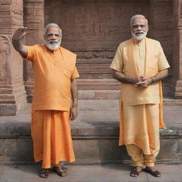 Indian Prime Minister Narendra Modi and Lord Rama, Hindu deity, together in the sacred city of Ayodhya, India. Both are depicted in respectful, dignified poses.