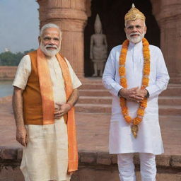 Indian Prime Minister Narendra Modi and Lord Rama, Hindu deity, together in the sacred city of Ayodhya, India. Both are depicted in respectful, dignified poses.