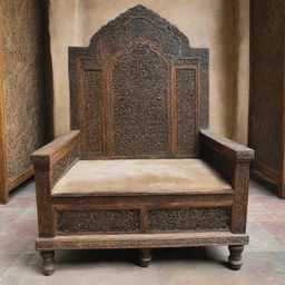 A grand medieval era wooden Islamic throne, intricately carved with ornamental designs and rich in historical detail.