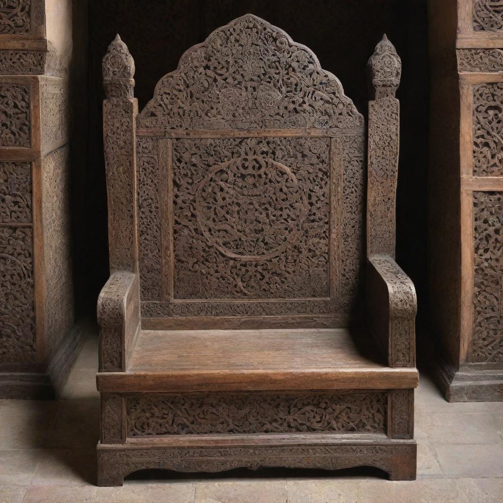 A grand medieval era wooden Islamic throne, intricately carved with ornamental designs and rich in historical detail.