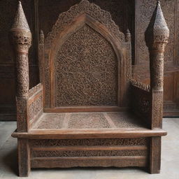 A grand medieval era wooden Islamic throne, intricately carved with ornamental designs and rich in historical detail.