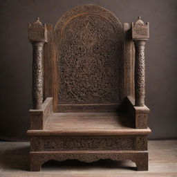 A grand medieval era wooden Islamic throne, intricately carved with ornamental designs and rich in historical detail.