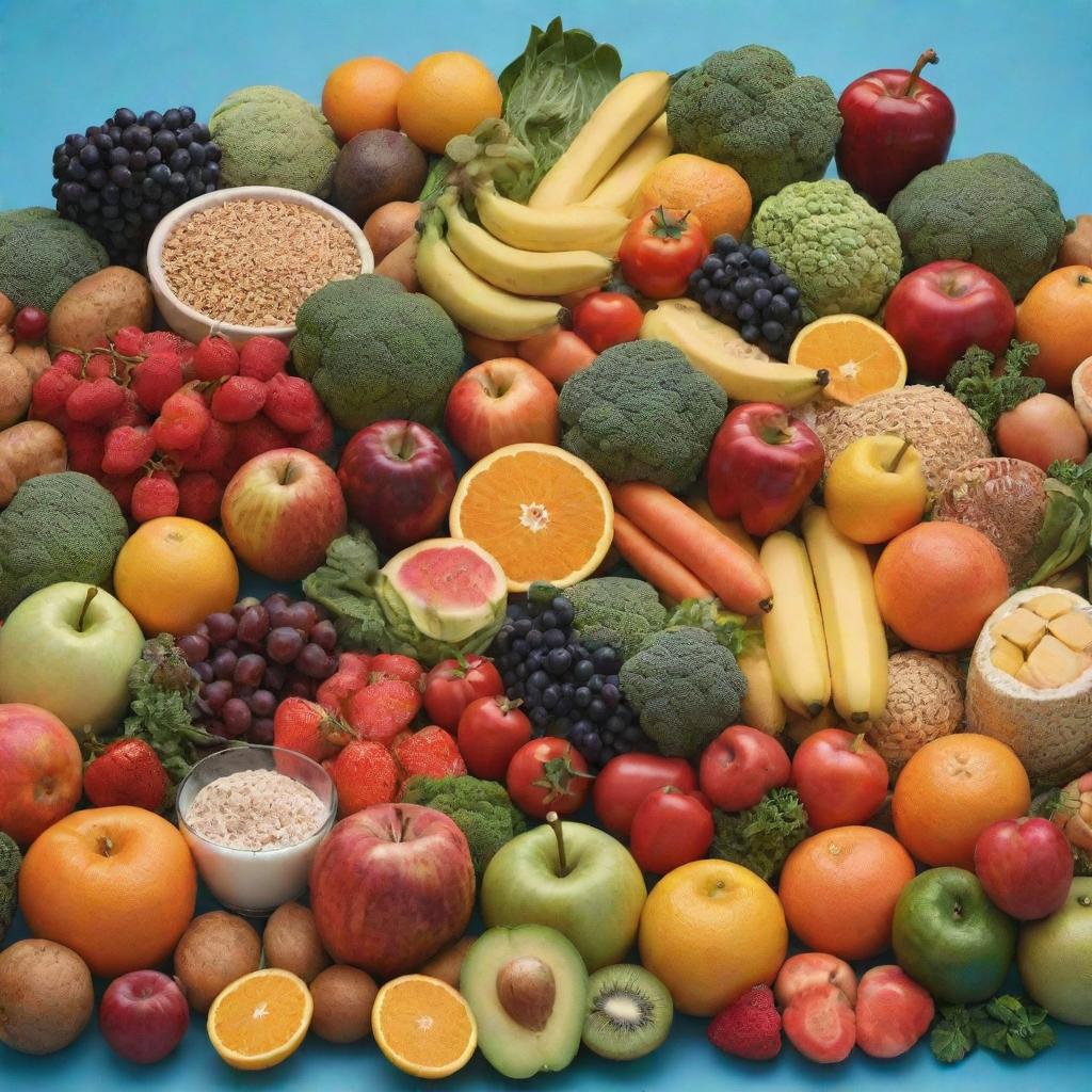 An animated arrangement of various healthy foods including fresh fruits, vegetables, lean proteins, and whole grains, showcased in a lively, vibrant setting