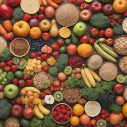 An animated arrangement of various healthy foods including fresh fruits, vegetables, lean proteins, and whole grains, showcased in a lively, vibrant setting