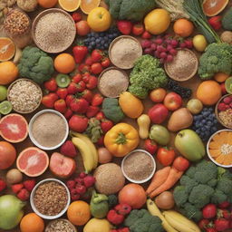 An animated arrangement of various healthy foods including fresh fruits, vegetables, lean proteins, and whole grains, showcased in a lively, vibrant setting