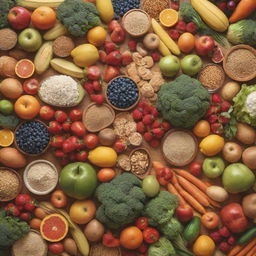 An animated arrangement of various healthy foods including fresh fruits, vegetables, lean proteins, and whole grains, showcased in a lively, vibrant setting