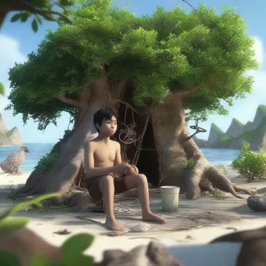 As the main character gets stranded on a remote island, he constructs a makeshift shelter out of tree branches and leaves.