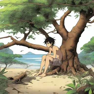 As the main character gets stranded on a remote island, he constructs a makeshift shelter out of tree branches and leaves.