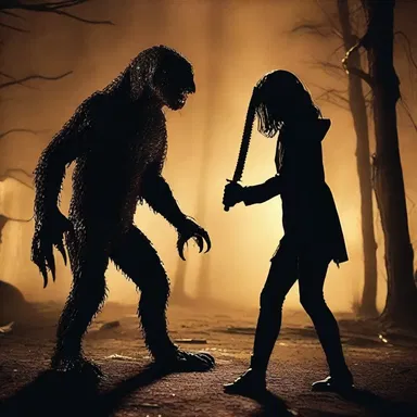 In the horror movie, the protagonist uses a makeshift weapon to defend herself against the terrifying monster.