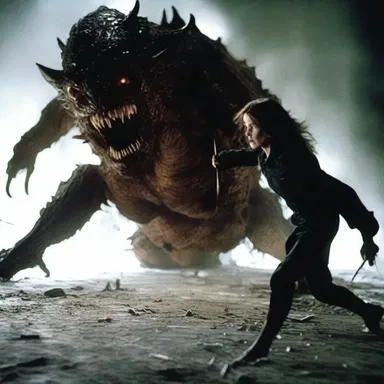 In the horror movie, the protagonist uses a makeshift weapon to defend herself against the terrifying monster.