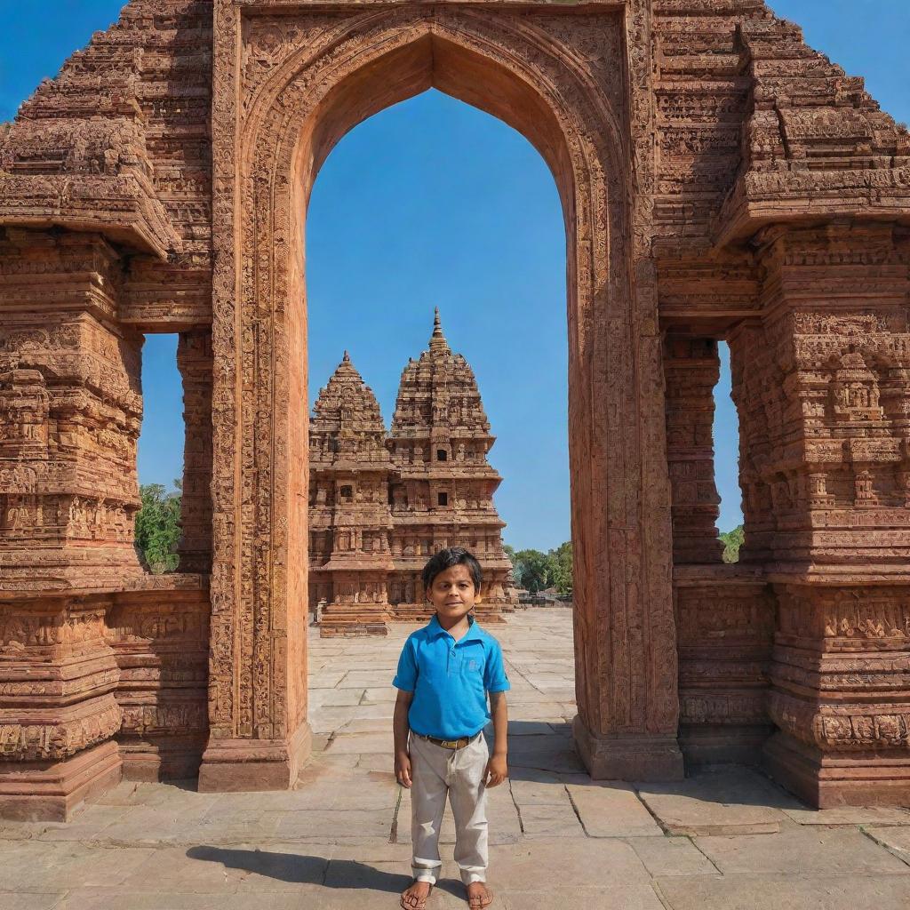 A young boy standing in front of a stunning Ram temple, adorned with intricate details and a backdrop of clear blue sky.