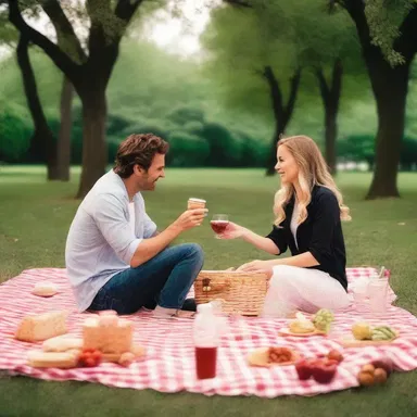 In the romantic comedy, the couple sets up a makeshift picnic in the park to enjoy a romantic evening together.