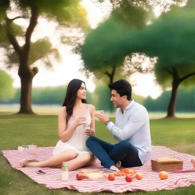 In the romantic comedy, the couple sets up a makeshift picnic in the park to enjoy a romantic evening together.