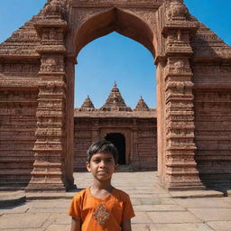 A young boy standing in front of a stunning Ram temple, adorned with intricate details and a backdrop of clear blue sky.