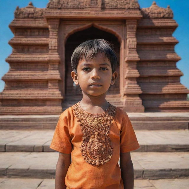 A young boy standing in front of a stunning Ram temple, adorned with intricate details and a backdrop of clear blue sky.