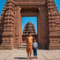 A young boy standing in front of a stunning Ram temple, adorned with intricate details and a backdrop of clear blue sky.