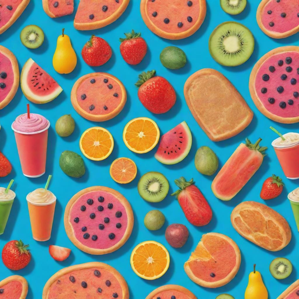 An animated representation of a variety of food items including fruits, vegetables, pastries, and beverages in an excitingly colorful, cheerful setup