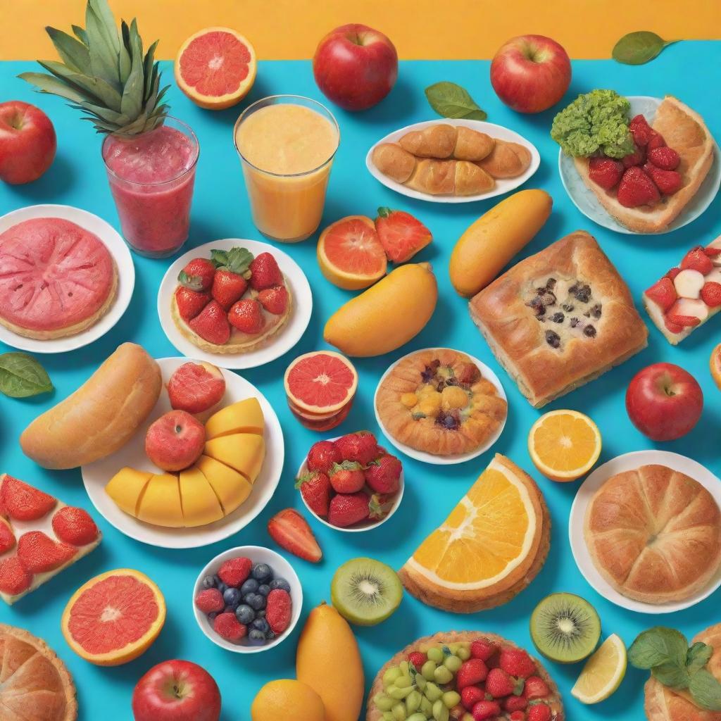 An animated representation of a variety of food items including fruits, vegetables, pastries, and beverages in an excitingly colorful, cheerful setup