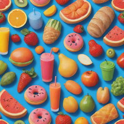 An animated representation of a variety of food items including fruits, vegetables, pastries, and beverages in an excitingly colorful, cheerful setup