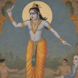 An illustration from the Ramayana epic, featuring Laxman in a heroic posture, with his sword drawn, and Shurpankha in a stunned state, her nose cut off.