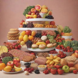 An animated array of various food items including fruits, vegetables, meats, and desserts, arranged in an enticing vertical display