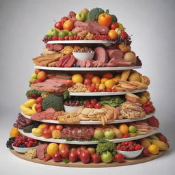 An animated array of various food items including fruits, vegetables, meats, and desserts, arranged in an enticing vertical display