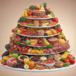 An animated array of various food items including fruits, vegetables, meats, and desserts, arranged in an enticing vertical display