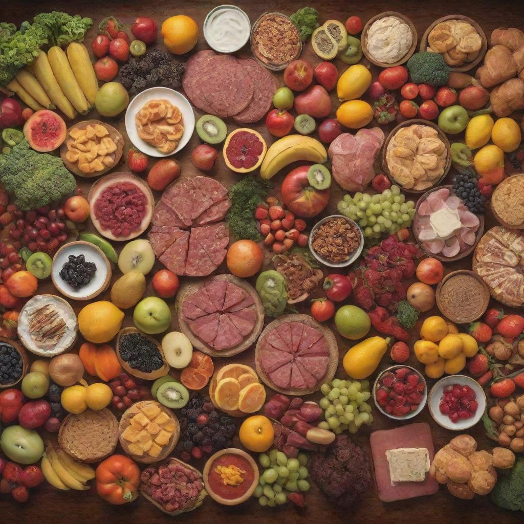 An animated array of various food items including fruits, vegetables, meats, and desserts, arranged in an enticing vertical display