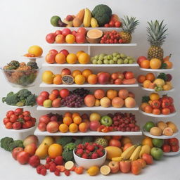 An animated and colorful display of assorted food items like fruits, vegetables, and fancy dishes, arranged vertically, all against a crisp white background