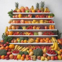 An animated and colorful display of assorted food items like fruits, vegetables, and fancy dishes, arranged vertically, all against a crisp white background