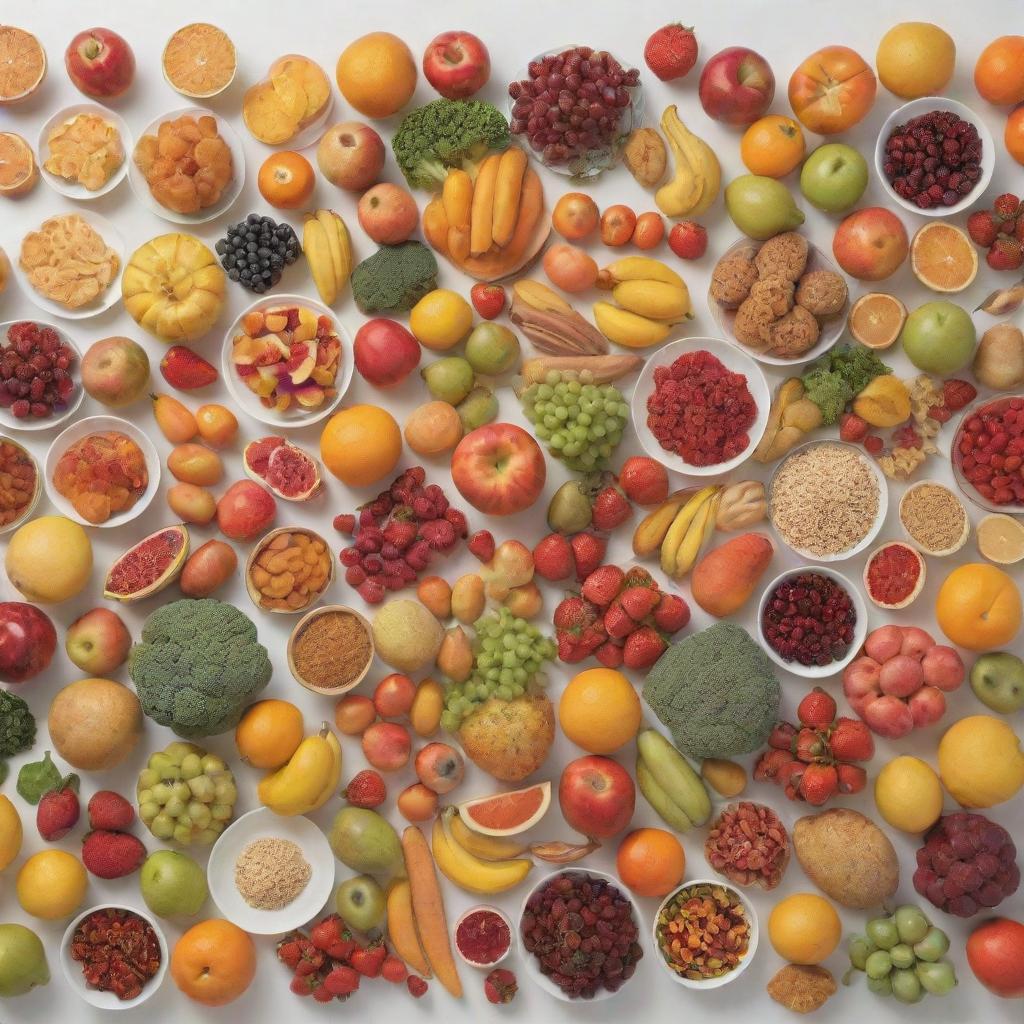 An animated and colorful display of assorted food items like fruits, vegetables, and fancy dishes, arranged vertically, all against a crisp white background