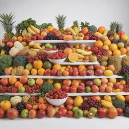 An animated and colorful display of assorted food items like fruits, vegetables, and fancy dishes, arranged vertically, all against a crisp white background