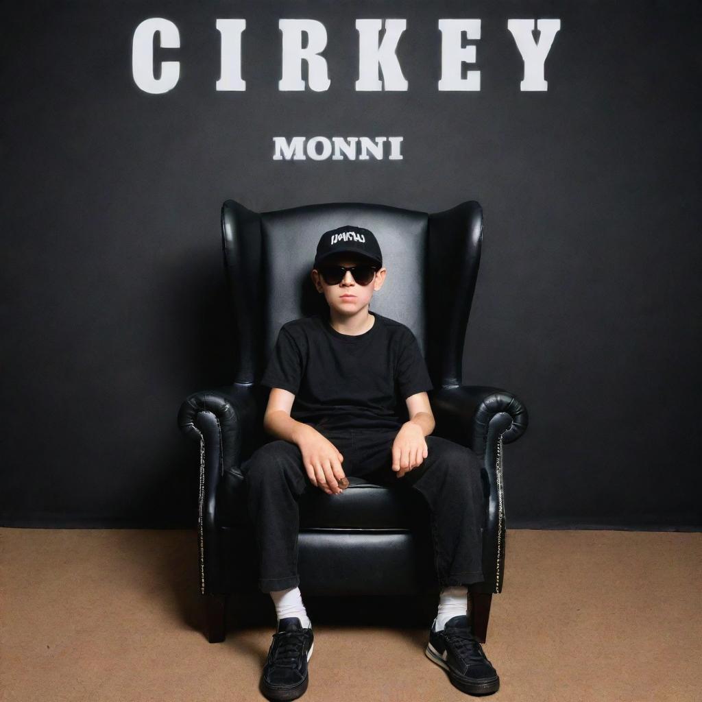 3D illusion of a boy in a black shirt and sneakers, casually sitting on a Wingback Chair, wearing a black cricket cap and sunglasses, looking straight ahead. Large text 'Monu' appears in the background.