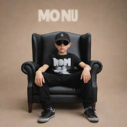 3D illusion of a boy in a black shirt and sneakers, casually sitting on a Wingback Chair, wearing a black cricket cap and sunglasses, looking straight ahead. Large text 'Monu' appears in the background.