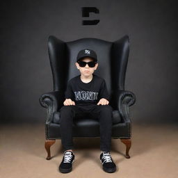 3D illusion of a boy in a black shirt and sneakers, casually sitting on a Wingback Chair, wearing a black cricket cap and sunglasses, looking straight ahead. Large text 'Monu' appears in the background.