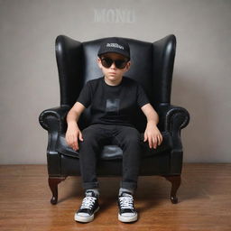 3D illusion of a boy in a black shirt and sneakers, casually sitting on a Wingback Chair, wearing a black cricket cap and sunglasses, looking straight ahead. Large text 'Monu' appears in the background.