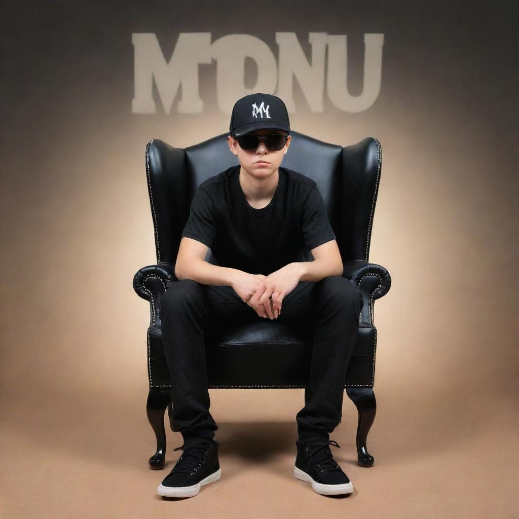 3D illusion of a casual boy sitting on a Wingback Chair wearing a black shirt, sneakers, a cricket cap, and sunglasses, staring ahead. The backdrop prominently includes the word 'Monu'.