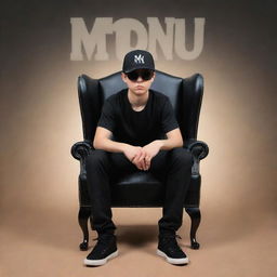 3D illusion of a casual boy sitting on a Wingback Chair wearing a black shirt, sneakers, a cricket cap, and sunglasses, staring ahead. The backdrop prominently includes the word 'Monu'.