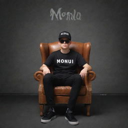 3D illusion of a casual boy sitting on a Wingback Chair wearing a black shirt, sneakers, a cricket cap, and sunglasses, staring ahead. The backdrop prominently includes the word 'Monu'.