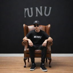 3D illusion of a casual boy sitting on a Wingback Chair wearing a black shirt, sneakers, a cricket cap, and sunglasses, staring ahead. The backdrop prominently includes the word 'Monu'.