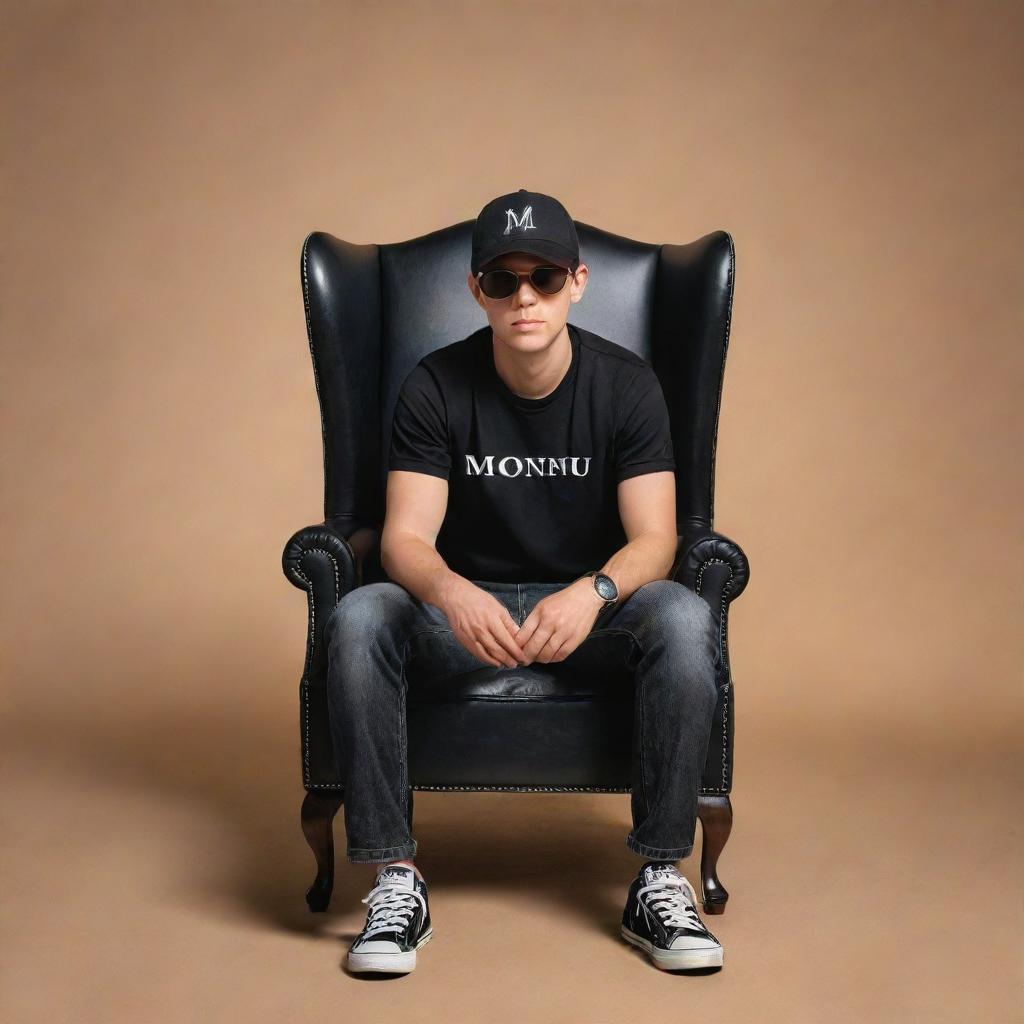 3D illusion of a casual boy sitting on a Wingback Chair wearing a black shirt, sneakers, a cricket cap, and sunglasses, staring ahead. The backdrop prominently includes the word 'Monu'.