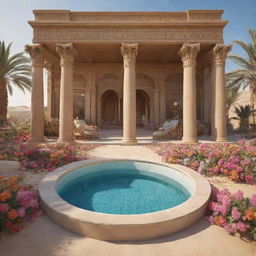 Hyper-realistic 3D image of a majestic Egyptian oasis with Rococo style opulence, filled with vibrant flowers set in a desert aesthetic, providing fantasy vibes. Capture this in a high definition cinema-photography style, focusing on intricate details.