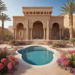 Hyper-realistic 3D image of a majestic Egyptian oasis with Rococo style opulence, filled with vibrant flowers set in a desert aesthetic, providing fantasy vibes. Capture this in a high definition cinema-photography style, focusing on intricate details.