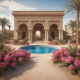 Hyper-realistic 3D image of a majestic Egyptian oasis with Rococo style opulence, filled with vibrant flowers set in a desert aesthetic, providing fantasy vibes. Capture this in a high definition cinema-photography style, focusing on intricate details.