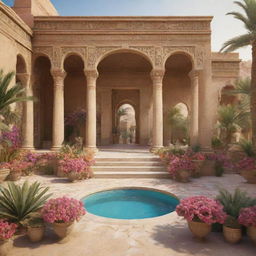 Hyper-realistic 3D image of a majestic Egyptian oasis with Rococo style opulence, filled with vibrant flowers set in a desert aesthetic, providing fantasy vibes. Capture this in a high definition cinema-photography style, focusing on intricate details.