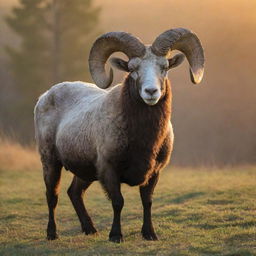 A majestic ram standing in a serene pasture during sunrise, its impressive horns glistening under the first rays of sunlight.