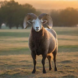 A majestic ram standing in a serene pasture during sunrise, its impressive horns glistening under the first rays of sunlight.