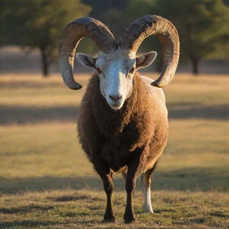 A majestic ram standing in a serene pasture during sunrise, its impressive horns glistening under the first rays of sunlight.