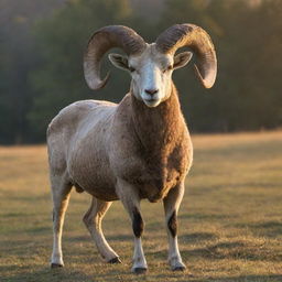 A majestic ram standing in a serene pasture during sunrise, its impressive horns glistening under the first rays of sunlight.